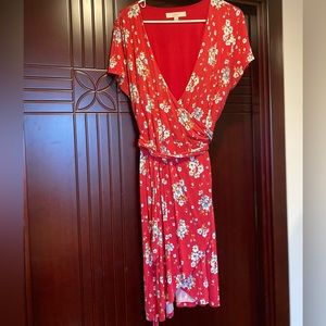 Red floral wrap dress